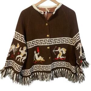 Vintage Zodiac Brown Knit Cardigan Sweater Fringe Poncho Astrology Boho One Size